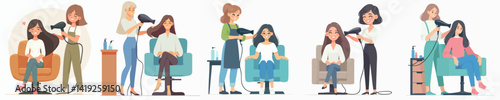 Vector collection of a female Hairdresser drying her smiling client's hair with a hair dryer while sitting in a chair