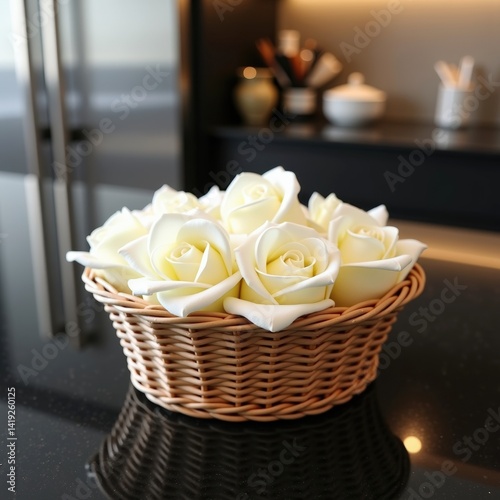White roses arranged in wicker basket on black kitchen countertop  
