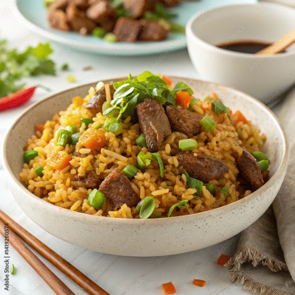 Mutton Fried Rice Served With Green Onions and Vegetables Generative AI Mutton Fried Rice Served With Green Onions and Vegetables Generative AI
