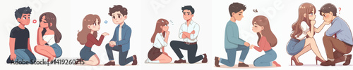 Vector collection of Young woman kneeling near angry man