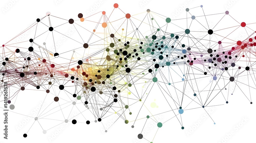 Abstract Network Visualization: Exploring Complex Connections and Interdependencies of Nodes and Links, Representing Data Relationships Through a Colorful Web of Intertwined Structures. Abstract Network Visualization: Exploring Complex Connections and Interdependencies of Nodes and Links, Representing Data Relationships Through a Colorful Web of Intertwined Structures.