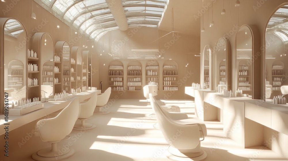 Obraz premium Interior design of a minimalist, light-filled hair salon.
