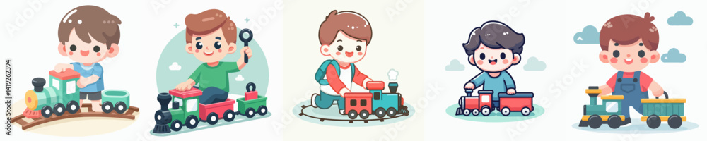 Vector collection of a happy little boy playing with a toy train Vector collection of a happy little boy playing with a toy train