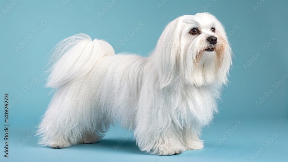 Full Body Shot of a Little White Russian Dog on Blue Background Generative AI Full Body Shot of a Little White Russian Dog on Blue Background Generative AI