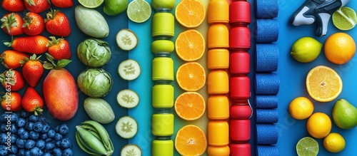 Colorful Fruits and Vegetables with Exercise Equipment photo