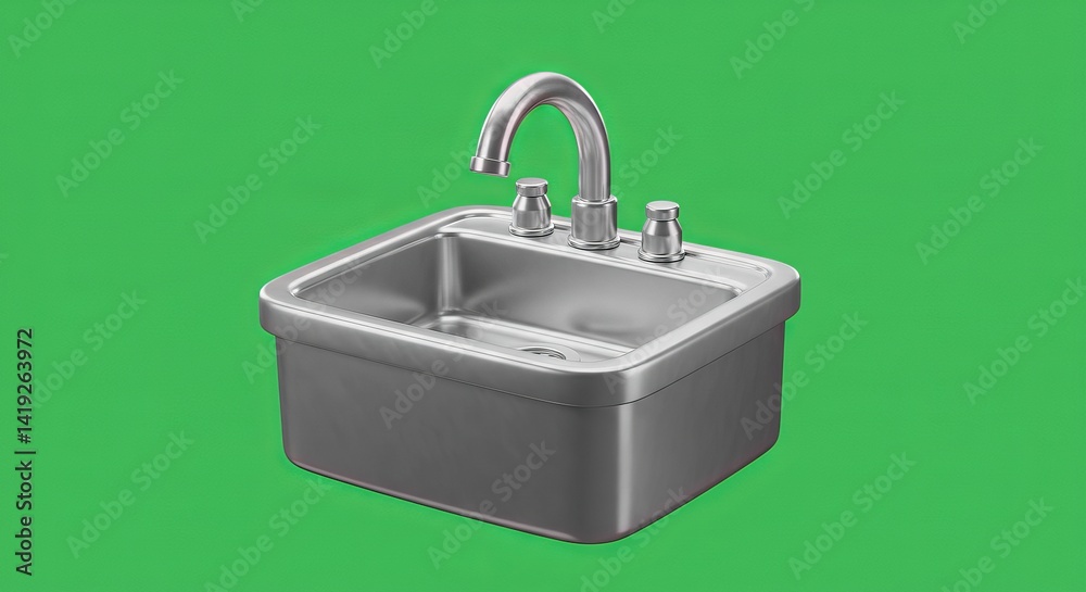 Stainless steel sink with faucet fixture against a green background offering a clean and modern aesthetic for kitchens and bathrooms Stainless steel sink with faucet fixture against a green background offering a clean and modern aesthetic for kitchens and bathrooms