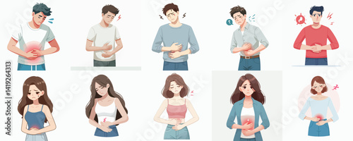 Collection of vectors of a person having a stomachache
