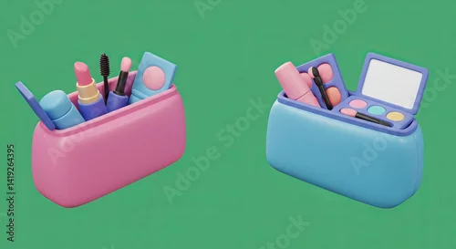 Obraz Two makeup bags filled with cosmetic products on a green background, showcasing beauty items and accessories
