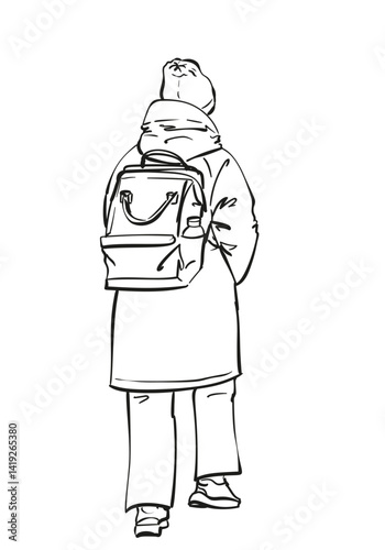 Hand-drawn black and white vector illustration of a woman walking away in winter clothing with backpack. Clean line art without shading, isolated on white. Perfect for urban, travel, solitude concepts