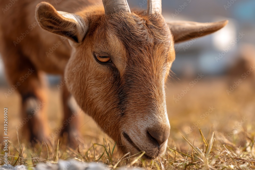Goat Grazing in a Field Close-up Portrait with Brown Fur Goat Grazing in a Field Close-up Portrait with Brown Fur