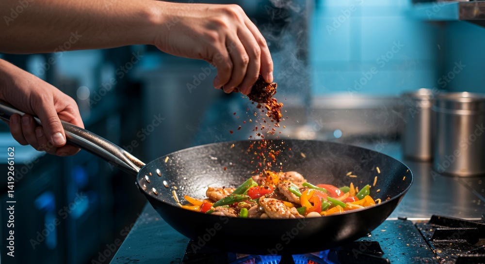 Chef Adding Spice to Chicken and Vegetable Stir-Fry in Wok Chef Adding Spice to Chicken and Vegetable Stir-Fry in Wok