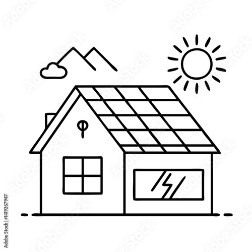solar powered home icon, solar powered home line art - simple line art of solar powered home, perfect for solar powered home logos and icons