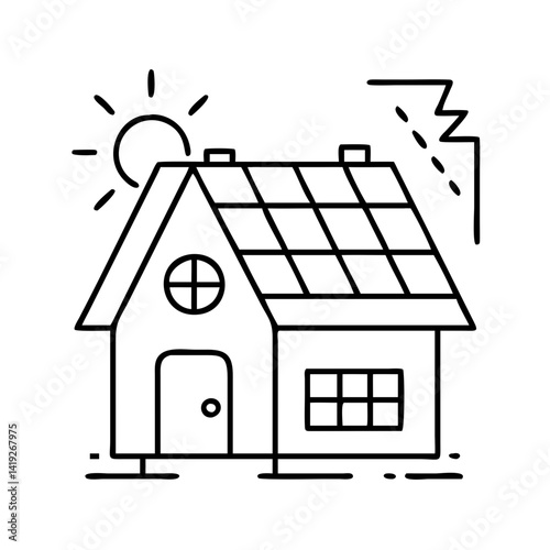solar powered home icon, solar powered home line art - simple line art of solar powered home, perfect for solar powered home logos and icons