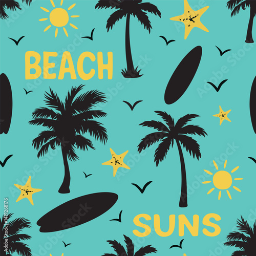 Seamless beach pattern with palm trees, surfboards, suns, and starfish. Bright summer design for fashion, packaging, textiles, and vacation-themed projects.
