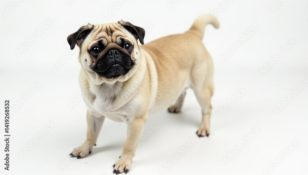 Fototapeta premium Playful pug standing, white backdrop, ears up, animal, dog, funny dog