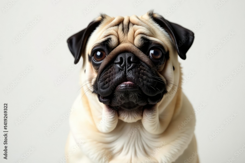 Solo pug, alert expression, pure white backdrop, animal, dog, pug