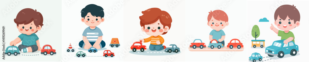 Vector collection of a happy little boy playing with toy cars Vector collection of a happy little boy playing with toy cars