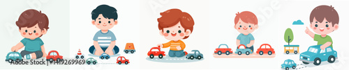 Vector collection of a happy little boy playing with toy cars