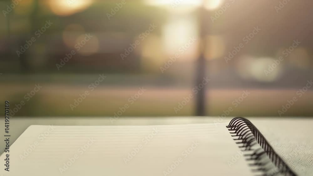Spiral notebook lying open on wooden table, bathed in golden sunset light with soft focus background, capturing moment of creative potential and peaceful contemplation