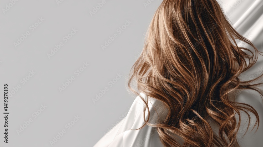 Fototapeta premium Beautiful model girl with Brown hair strand,silky healthy chestnut wavy hair strand,hair wavy ribbon, with smooth,Keratin straightening,Treatment,straight long hair,procedures,Smooth hairstyle.