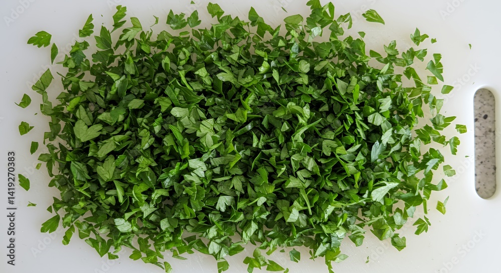 Fototapeta premium Finely Chopped Fresh Parsley on White Cutting Board