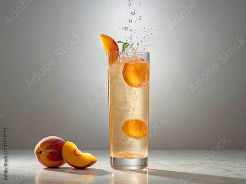 A tall highball glass filled with bubbly peach fizz