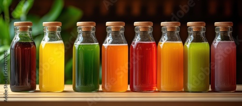 Colorful Juices in Glass Bottles on Wooden Counter photo