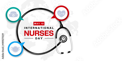 May 12th Is International Nurses Day. Stethoscope, heart, mask, nurses hat and area for text. Great for posters, banners, social media and more. White background.