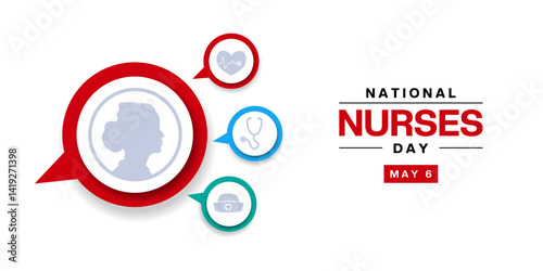 May 6th Is National Nurses Day. Nurses, heart, stethoscope and nurses hat. Great for posters, banners, social media and more. White background.