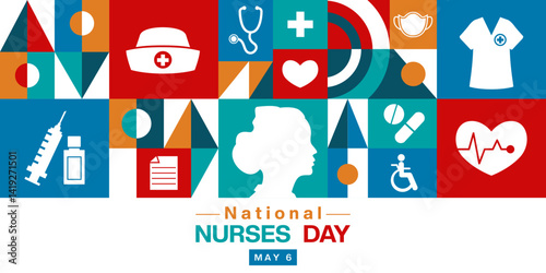 May 6th Is National Nurses Day. Geometric style, nurses, stethoscope, medicine and more. Great for posters, banners, social media and more. White background.