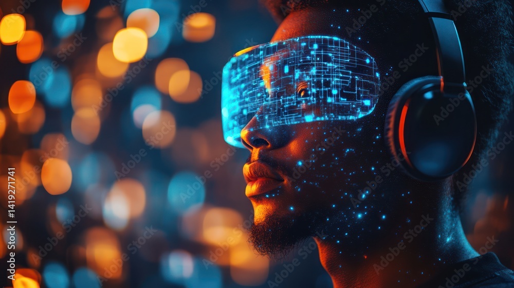 A vision of future technology with a man wearing augmented reality glasses and headphones