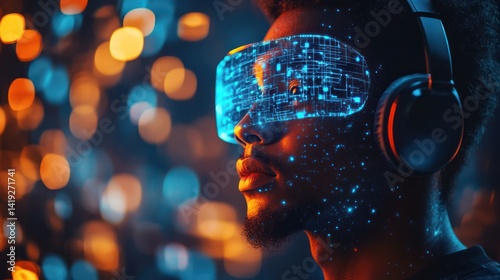 Obraz na płótnie A vision of future technology with a man wearing augmented reality glasses and headphones w salonie