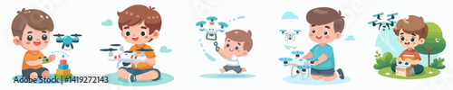 Vector collection of a happy little boy playing drone