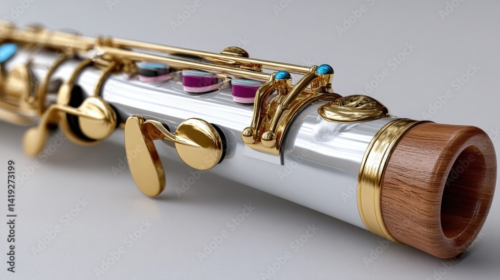 Naklejka premium Elegant Flute with Gold Accents and Wooden End Cap on Smooth Surface for Musical Instrument Lovers