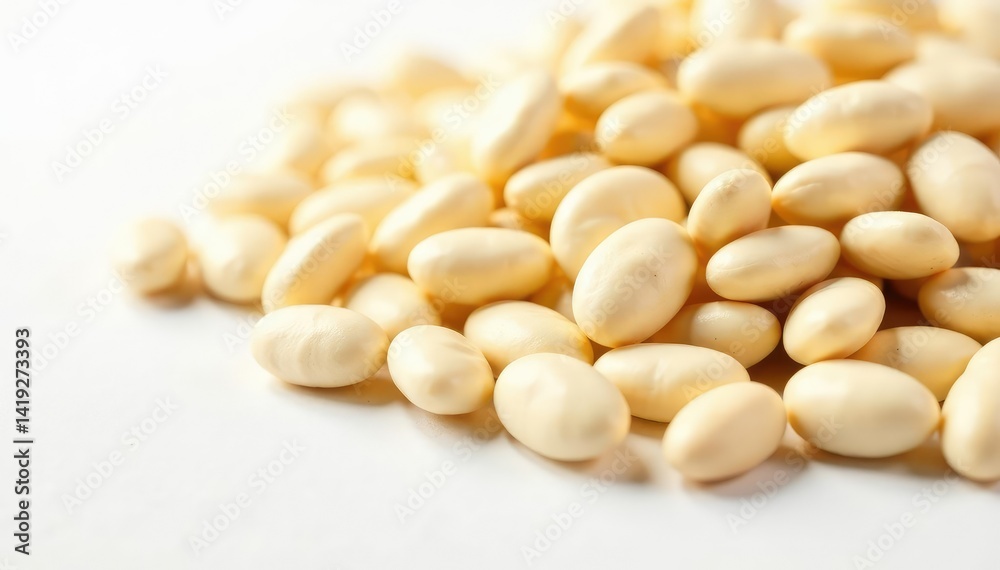 Close-up of dried white beans on white background, macro, ingredient, healthy Close-up of dried white beans on white background, macro, ingredient, healthy