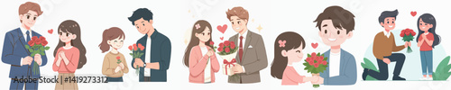 Vector collection of a smiling man giving a rose to a girl