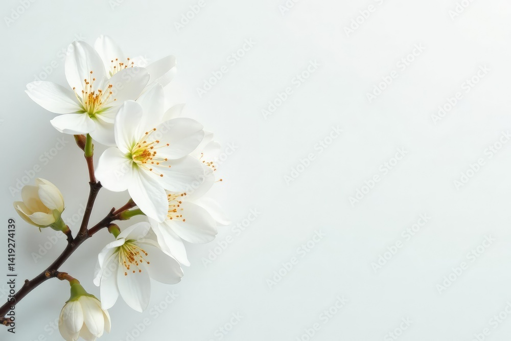 Fototapeta premium Delicate white blossoms against pure white backdrop, peaceful, minimal, image