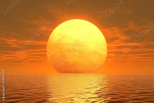 Giant Orange Sun Setting Over Calm Ocean Water