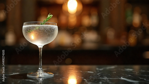 a close-up of a gin fizz in a delicate coupe glass, the bubbles catching the light, set on a sleek black marble countertop, soft glowing light from a pendant lamp above

