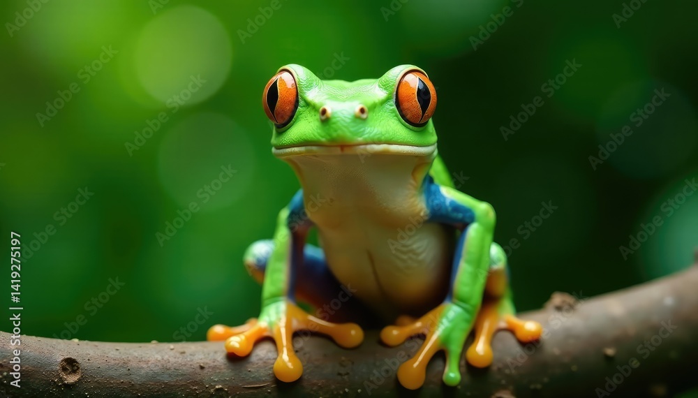 Obraz premium Green tree frog perched on white, vibrant skin , closeup, white background, tree frog