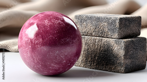 Velvety round object with soft textures placed on a neutral white setting. 3D rendered