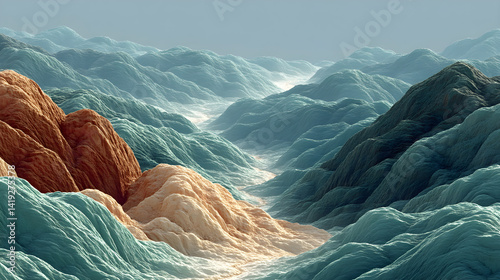 Wavy layered terrain in a floating 3D scene. 3D rendered