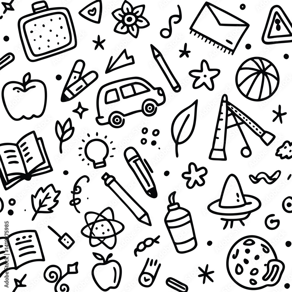 Obraz premium Doodle Pattern of School Supplies and Objects