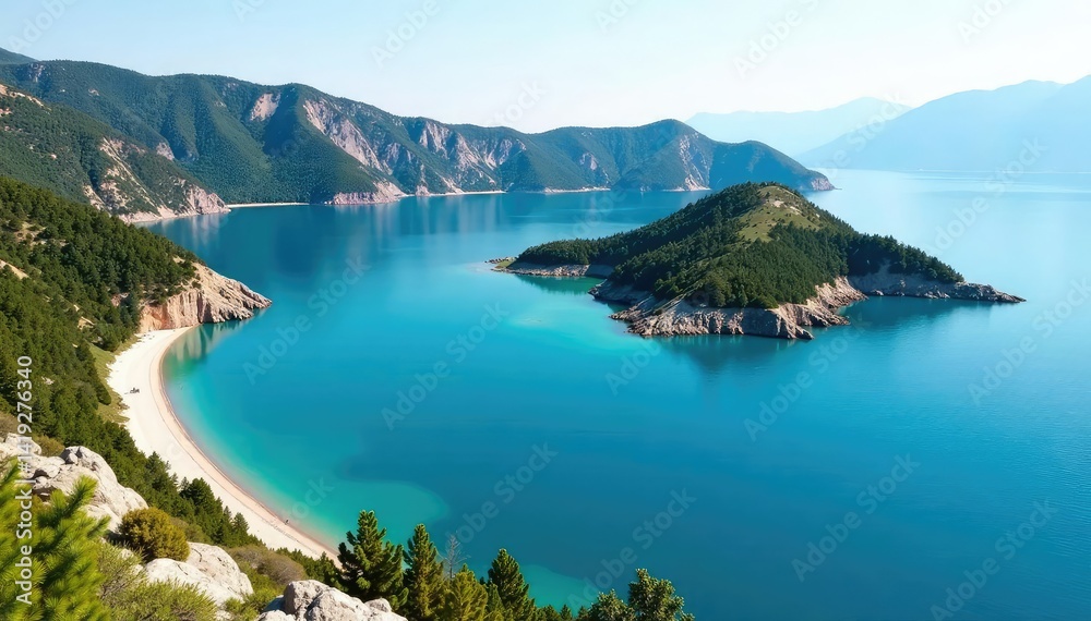 Irregular shaped lake with rocky shoreline and island, view, photography Irregular shaped lake with rocky shoreline and island, view, photography