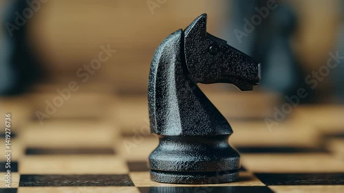 Knight's Gambit: A striking macro shot of a black knight chess piece, poised on a classic chessboard, symbolizing strategy and intellect in a close-up and focused view.