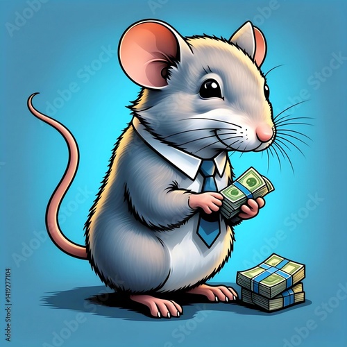 A wealthy mouse in a blue tie counts cash, standing beside stacks of money, radiating confidence and charm in a vibrant and playful setting.
