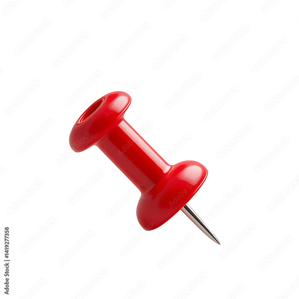 A red plastic pushpin, a sharp office tack, is isolated on a white board A red plastic pushpin, a sharp office tack, is isolated on a white board