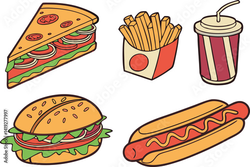 Vector fast food items. Sub sandwich,chicken wings, French fries,pizza slice  cheeseburger,and hot dog.  