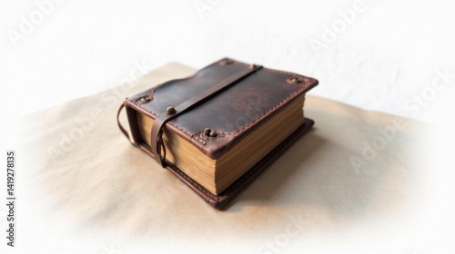 Wallpaper Mural An Antique Leather-Bound Book with Aged Pages Rests on a Soft Neutral Surface Torontodigital.ca