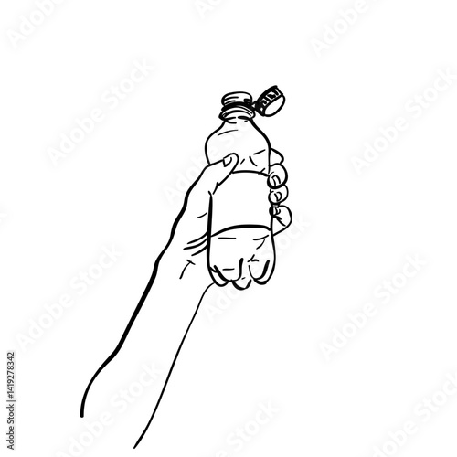 Hand-drawn vector of plastic bottle with tethered cap held in hand. Black line art showing EU-standard attached lid. Clean illustration for packaging, recycling and consumer goods concepts